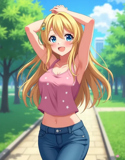 pretty anime girl in pink tank top with small white star patterns, tucked-in, jeans, long blonde hair & blue eyes, happy, at the city park, raising arms, arms raised up very high, exposed armpits, arms raised very high, from left side, showing off armpits,...