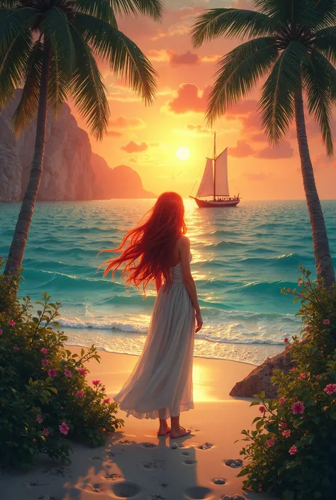 a red headed woman standing on a tropical beach, face hidden, looking off to a tropical sunset with a huge sailboat on the horizon