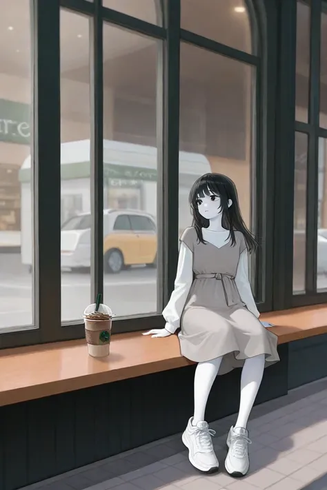  Close-up of a young and beautiful woman,  has white skin and long black hair, Wear a light gray sport dress with light colored long sleeves and white sneakers, He's in a coffee shop,  she is sitting looking out the window of the place, There's a cold drin...