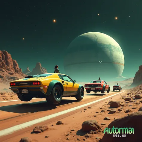 Many brands of cars in the 2000s. with floating wheels hovering above the ground, speeding across an alien planet with a unique rocky surface. The sky is deep space, filled with stars, and a massive, mysterious Death Star-like celestial body looms in the b...