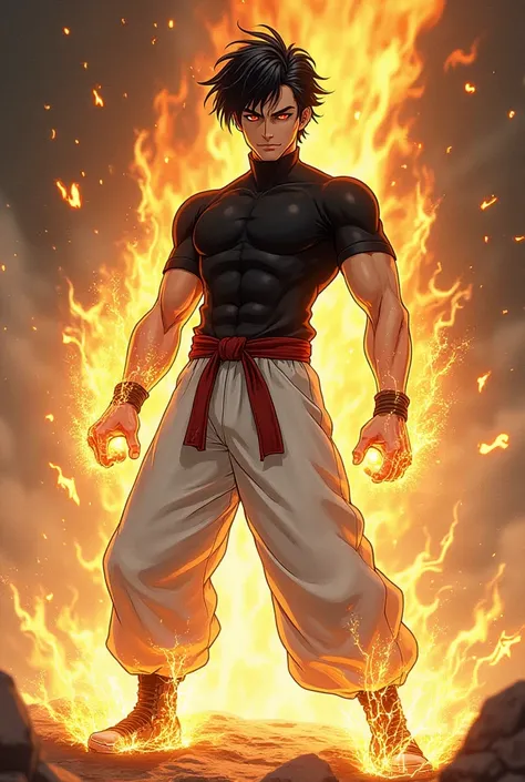 

"Tall man in anime style,  with black hair brushed back and golden eyes without pupils ,  with the iris completely golden and the inner part of the eye still white.  He wears a tight black shirt ,  highlighting his muscles , And wide white ,  martial art...