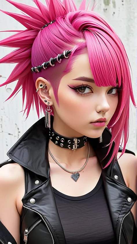 Punk girl, pink mohawk, piercings