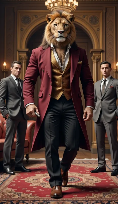 An imposing Asiatic Lion with a muscular, human-like build strides confidently toward the camera in a luxurious Persian palace setting. The lion wears a deep burgundy suit with gold accents and a silk scarf, holding a platinum cigar holder. Two human mafia...