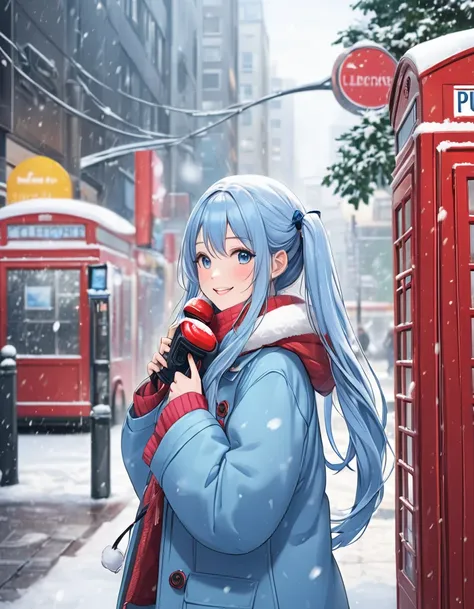  light blue long hair、    beautiful twin tail girl 、 I'm wearing a warm down coat 、I'm making a phone call at a public telephone booth in a busy city、Happy smile、   it's snowing outside 、My dog is snuggling up to my side 