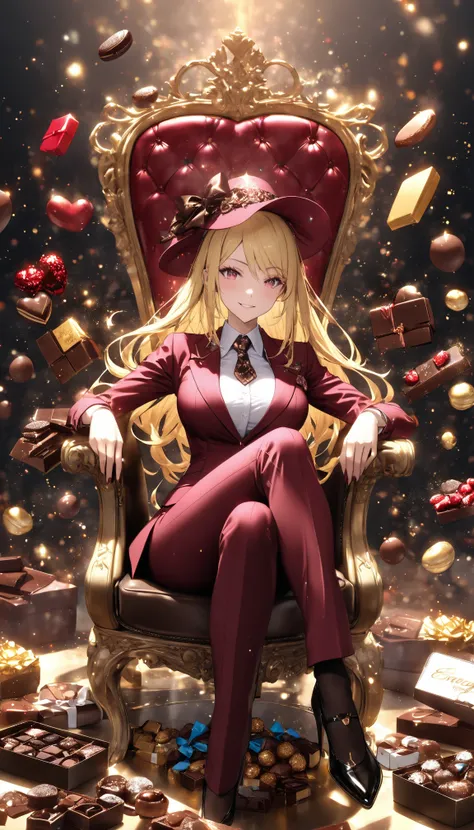 super realism、hyper realstic 1girl.Trillion game image 
( burgundy color stylish business suit setup made of shiny material to sit on a chair、 blonde)
 triumphant expression 、
 silk hat
normal breasts
、Lady 
(Box of Chocolates 、 sitting in front of piled c...