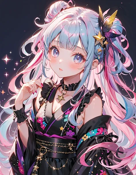  best detail、  1 girl，，Blink， （  the hair color is milky white and the tips of the fur are blue）、  The Cutest Girl in the World   ，（Ruffles on the collar、Please wear a colorful and cute goth kimono costume  ,Shoulders are exposed、The cuffs are long and wid...