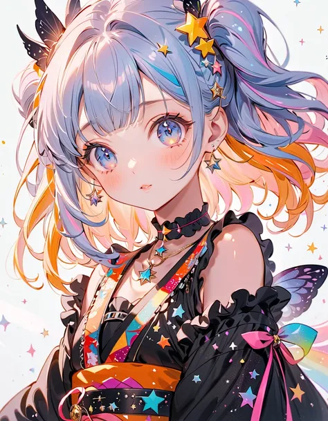  best detail、  1 girl，，Blink， （  the hair color is milky white and the tips of the fur are blue）、  The Cutest Girl in the World   ，（orange neon color star choker、Ruffles on the collar、Please wear a colorful and cute goth kimono costume  ,Shoulders are expo...