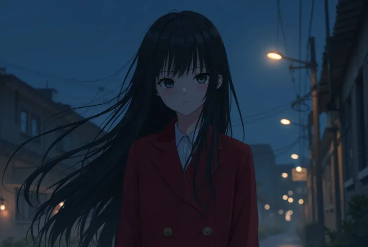 anime girl, long black hair, lo-fi, red coat, night