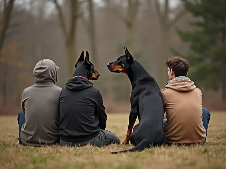 Image of a young age man playing with two dogs; le jeune homme est torse nu et est accroupi et caresse les deux chiens; A Doberman and a Bull Mastiff; Two men are sitting from the back with hoodies; The ager and the two dogs are far apart 