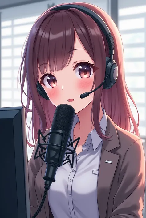   photo de profile  anime d'une belle fille travail une voice over parle au microphone et porte un casque  plus professionnel 