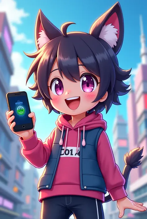 Make a typical fanart-style character for cell phone technology channels a mascot more of an anime type with a cell phone in your hand an iPhone 14 pro max