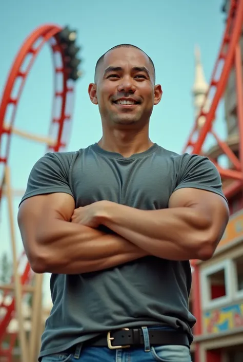  close up， A muscular Asian bald young hunk wearing a short-sleeved shirt and jeans， with one hand in his pants pocket ， the other hand is a gesture of victory ，The background is a roller coaster ，American inch  ，Round Face，facial lens，