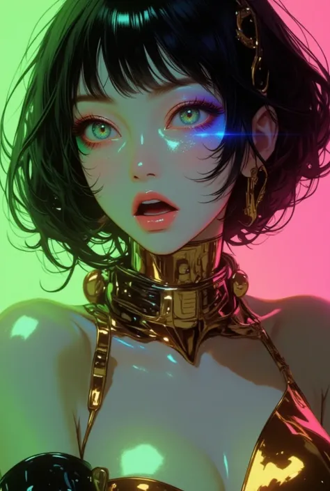 80’s glam rock makeup on shiny face, asian girl, anime, 2.5D, moody lighting, (green, pink, gold), pretty, sexy, minimal, sleek, slender, asian, elegant, futuristic, retro, sophisticated half human half machine, mouth open wide, Kizi，(eyes looking off to s...