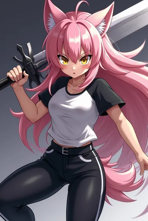  an anime werewolf girl ,  fair skin ,  pink hair,  golden eyes,  black and white t-shirt, black and white pants ,  serious and furious expression, brandishing a heavy sword .
