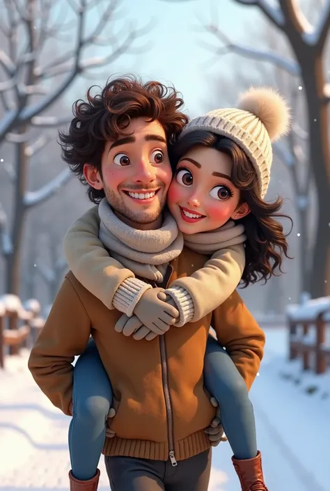 Create a couple, style Disney Pixar , with snow clothes, man brown curly hair and brown eyes, girl black medium curly hair and dark brown eyes, snow nose a little pink, the girl on the back of the guy