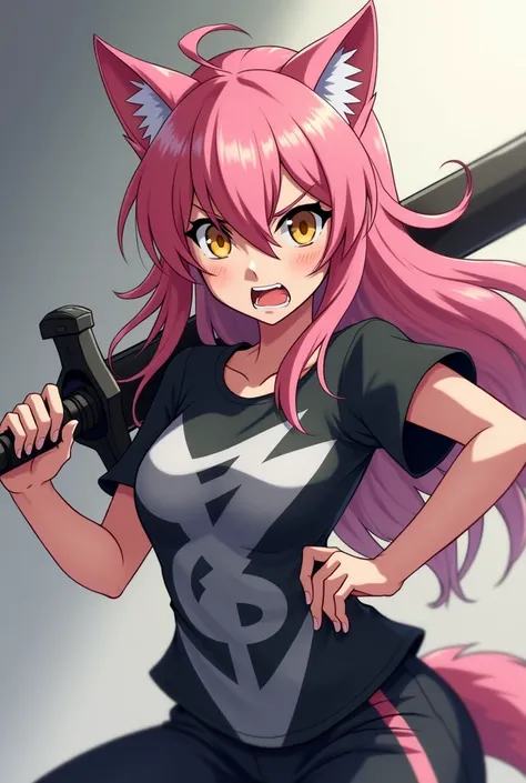  an anime werewolf girl ,  fair skin ,  pink hair,  golden eyes,  black and white t-shirt, black and white pants ,  serious and furious expression, brandishing a heavy sword .
