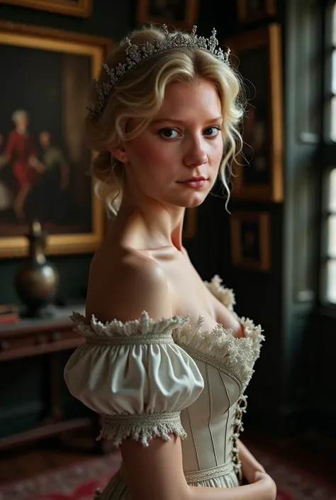 woman,Young, light blonde, a Victorian princess, delicate,  medium breasts,  wavy hair,  in a dark environment, in a castle full of art, Bust up looking at the viewer 