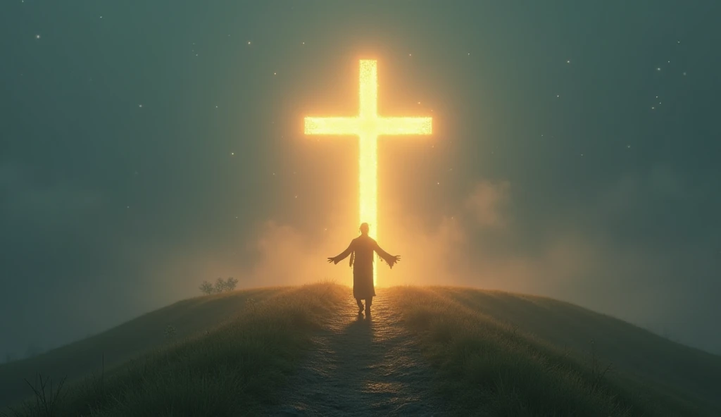 A glowing cross on top of a hill ,  with a person walking toward it with open arms.