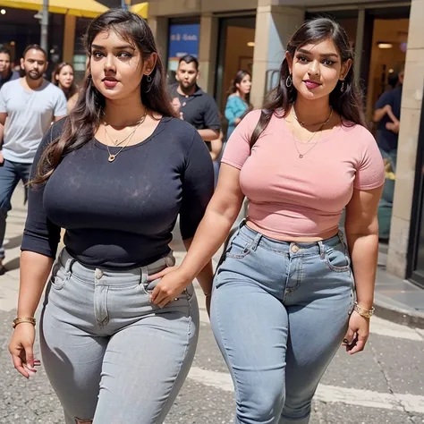  dark-skinned woman in pink shirt and blue denim skirt walking down the street,  thick dress , she has a soft, round belly, bbwchan, wearing simple tight clothes , slim waist and curvy hips,  widest hips , Her belly is fat and round, soft curvy shape, hype...