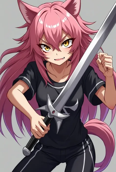  an anime werewolf girl ,  fair skin ,  pink hair,  golden eyes,  black and white t-shirt, black and white pants ,  serious and furious expression, brandishing a heavy sword .
