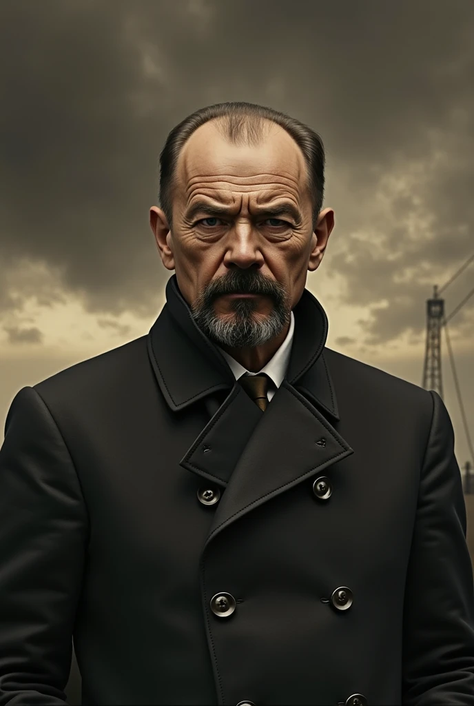 Generate an image that represents an economic crisis, the head and shoulders of exact photo realistic portrait of Vladimir Lenin against the dramatic brooding cloudy sky , And that the colors are brown , gray and dull,  and that it is set in the years 1920...