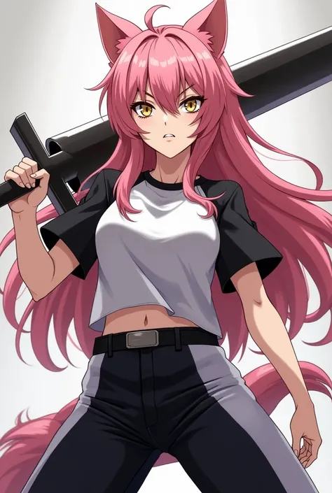  an anime werewolf girl ,  fair skin ,  pink hair,  golden eyes,  black and white t-shirt, black and white pants ,  serious and furious expression, brandishing a heavy sword .
