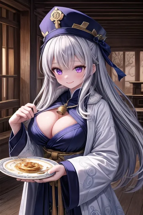  1 woman、 big breasts、A woman with long silver hair and sharp purple eyes 。 and a pattern swirling around in a blue and white coat 、 with an elaborate pattern 。 wears a characteristic black hat 、 with swirling patterns drawn on her blue and white coat 、 lo...