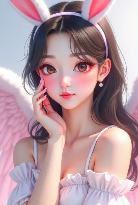 araffe angel girl with pink cheeks and white wings, a pastel by Yang J, tumblr, fantasy art, of an beautiful angel girl, young wan angel, beautiful angel, ulzzang, angel girl, beautiful angel girl portrait, popular south korean makeup, popular korean makeu...