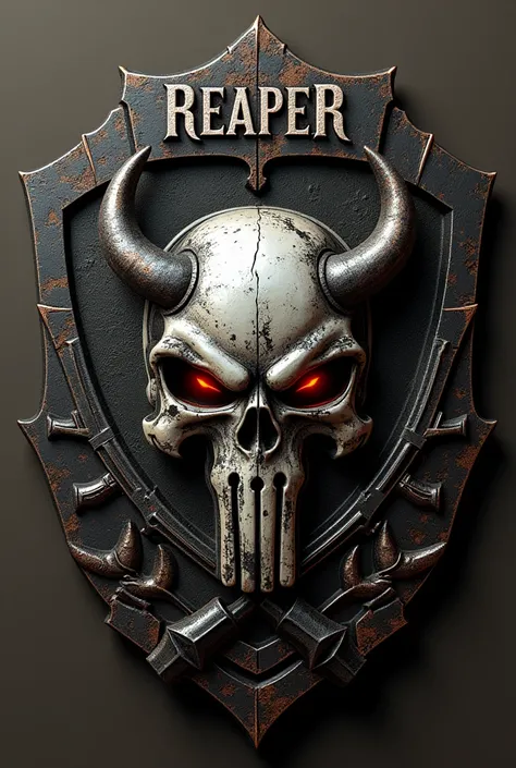 create a badge for a conspiracy channel with an angry punisher FLANKED BY AR-15S central,  viking motifs, a large tab on top with the word reaper in capital letters,  detailed metal textures, photo-realism 8k