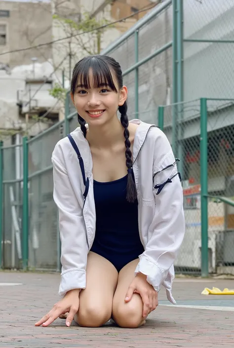 (4K, masterpiece,   high quality,  Details), (( Navy Blue One Piece Swimsuit:1.5, Wet swimsuit,  Japanese school swimsuit,  slender,  sexy collarbone,  flat chest,  braid braids, Age 15, Lean forward position with hands and knees)), ( flat chest:1.5)