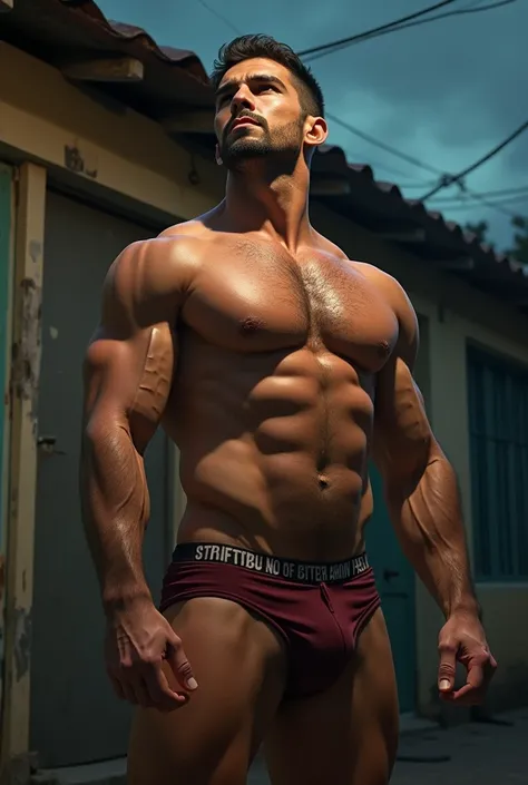 Hot man healed muscular ,  muscular underwear with large volume on the front of his underwear, Bulge Duro  ,  is in the favela outside the kitchen door of the house ,  hard penis marking tight underwear   ,  underwear seen up close he is sweaty   ,  briefs...