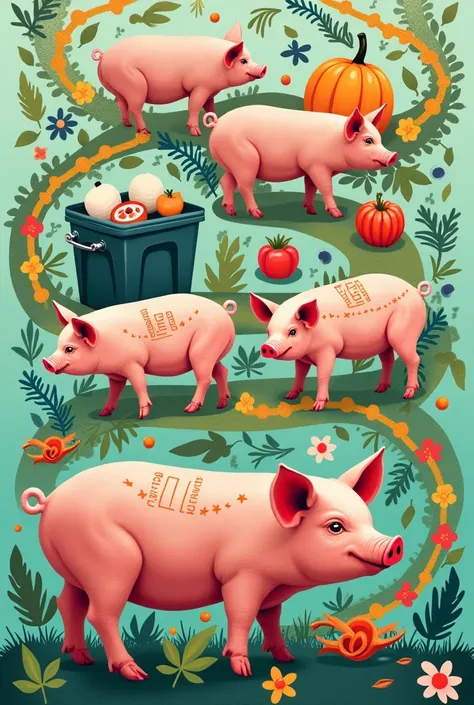 Make a poster with 5 sections and 1 title with background as DNA, pigs, food waste