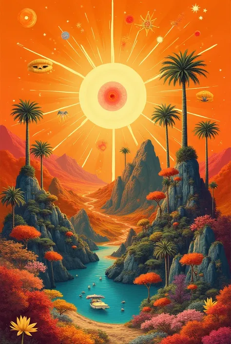 Create a comprehensive design inspired by the concept of lucid dreaming. The background should be a vibrant shade of orange, emphasizing the vivid and surreal elements typically associated with lucid dreams. Include motifs such as surreal landscapes, dream...