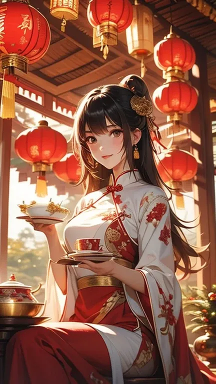 A young woman in a red Chinese dress embroidered with gold sits in a teahouse. She holds a festive decoration along with a bowl of festive sweets, a tea set, and wooden furniture. The background features intricately carved wooden panels, bamboo decorations...