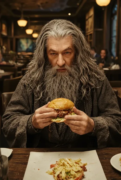 Gandalf is sitting in a restaurant and eating a hamburger,  masterpiece,