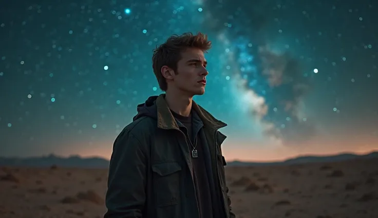 A young man in a dark jacket in the middle of the desert ,  looking up at the starry sky .  His eyes reflect determination as strange lights shine on the horizon.