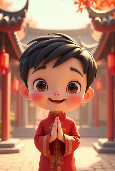 

**"A cartoon-style Chinese boy wearing a traditional Chinese outfit, standing with palms together in a respectful greeting gesture. He has a friendly and peaceful expression. The background features a beautiful Chinese temple with intricate architectural...