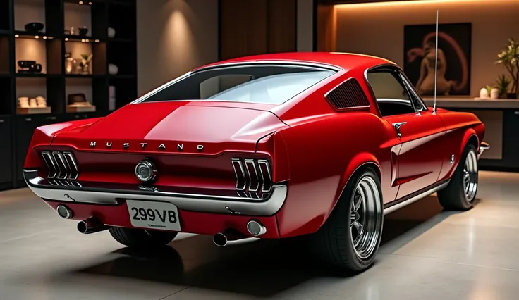 red colour back view in old model ford mustang fastback 298 v8 in  the showroom.The front plate reads  "298 V8"   view highlighted with beautiful  and stylish image.