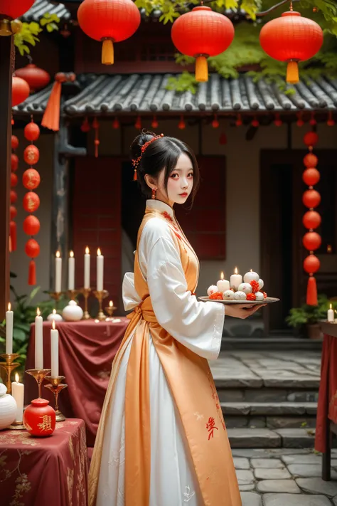 19yo Beijing woman wearing pale orange and white hanfu, carrying a plate of dumplings, in front of her is a table with decorated candles, in front of a traditional Beijing house with red lanterns and Chinese New Year decorations, shady trees, warm atmosphe...