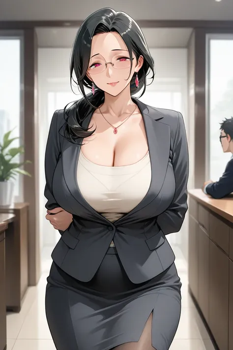 1girls black hair glasses mature female mature woman milf office lady red eyes