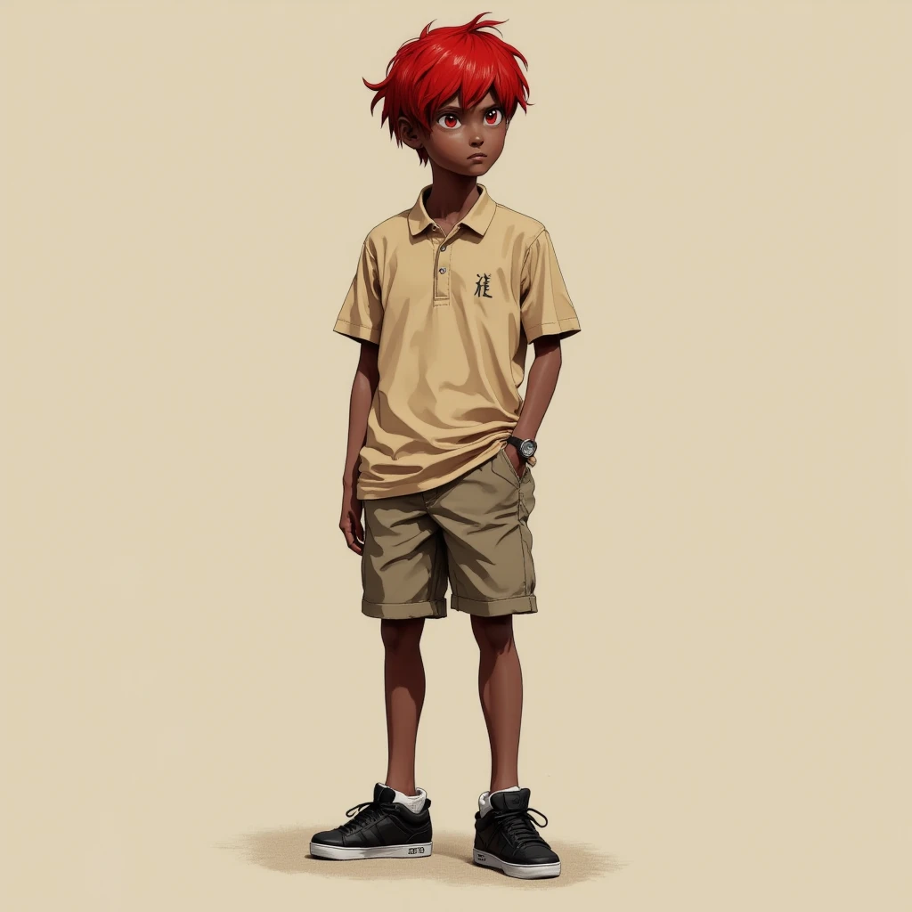 best quality 8k, dark brown skin ager boy with red hairs, red eyes color, wearing beige polo and grafite mark on the sleeves, and a beige short , he wears black sneakers , full body in a screen