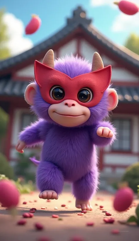  Fantastic　 Japanese House　A cute fluffy purple monkey with a red demon mask　I'm dodging beans by jumping