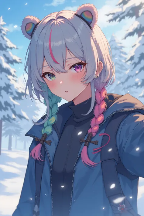 ((RAW Photo), absurd, (absurdresolution)), masterpiece, best quality, (Extremely detailed 8k unity CG wallpaper), (best illustration), (best shadow), anime, 1girl, (mature), cyberpunk fashion, hair style Braid rainbow color, polar chase, bear ears , snow