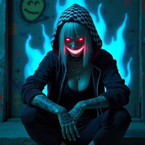 This image features a dark, cyberpunk-inspired female character with an intense, menacing presence. The character wears a hooded jacket, with a black-and-white checkered pattern on the hood. The central focus is the character’s glowing, demonic grin, which...