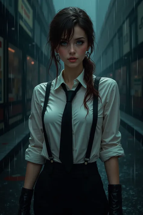 Woman wearing a white button up t-shirt and a loose black tie. The shirt is wet and that makes the shirt see through. The shirt is fully buttoned up, rolled up sleeves. Add suspenders and black gloves. Brown hair in a ponytail. Freckles, blue eyes. Wet tex...