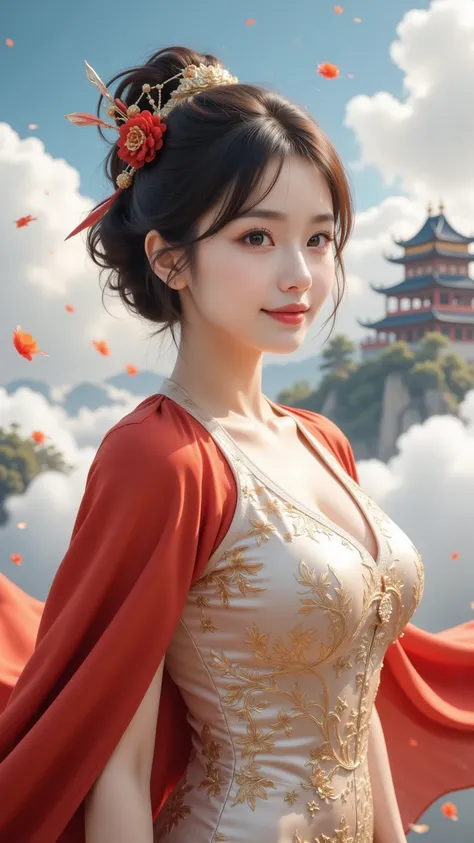 1 Girl，20 years old，center，Short, fluffy, slightly curly hair， red lips，Perfect thighs，Queen of China，gold embroidered silk dress，Red Cape，Full body in the picture ，   plump hips  ， big boobs,Camel toe,Abalone line 、Camel Hoof。Standing in the clouds，Sky， w...