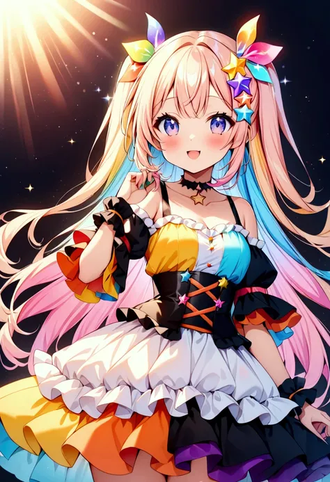  best detail、  1 girl，，Blink， （  the hair color is milky white and the tips of the fur are blue）、  The Cutest Girl in the World  ，（orange neon color star choker、Ruffles on the collar、Please wear a colorful and cute goth kimono costume  ,Shoulders are expos...