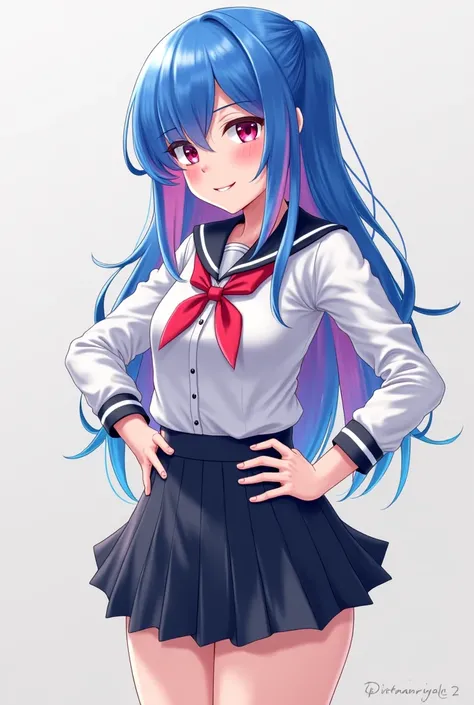 Aquky is a 19-year-old student wearing a mini skirt and school clothes dancing long blue pink hair a little on the left eye is standing looking forward Yandere with red eyes with a shade of pink with a little makeup on her cheeks the perfect medium body wi...