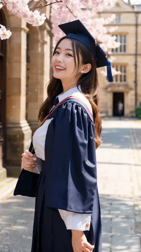 (( top quality、masterpiece、8k、 best image quality、 software ))、(1 photo:1.5)、(( British Beauty 、British、 British Beauty 、 Graduation Ceremony、 Cherry Blossoms in Full Bloom 、She's Graduating from College 、 Oxford University Background 、 Perfect Oxford Univ...