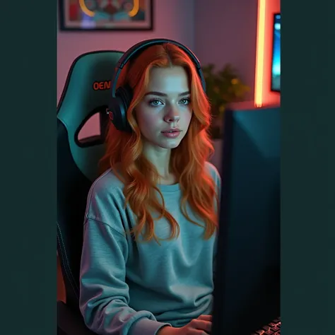 A woman doing live games .  woman sitting in a gamer chair playing on the computer .  woman approximately 26 years old , red-haired, Traits of a nerdy and beautiful young woman ,  of Nordic descent with American ,  light green eyes dressed in sweatpants an...